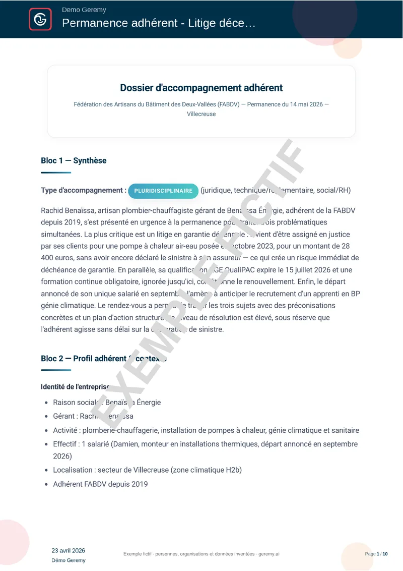 Première page du compte rendu « Accompagnement adhérent »