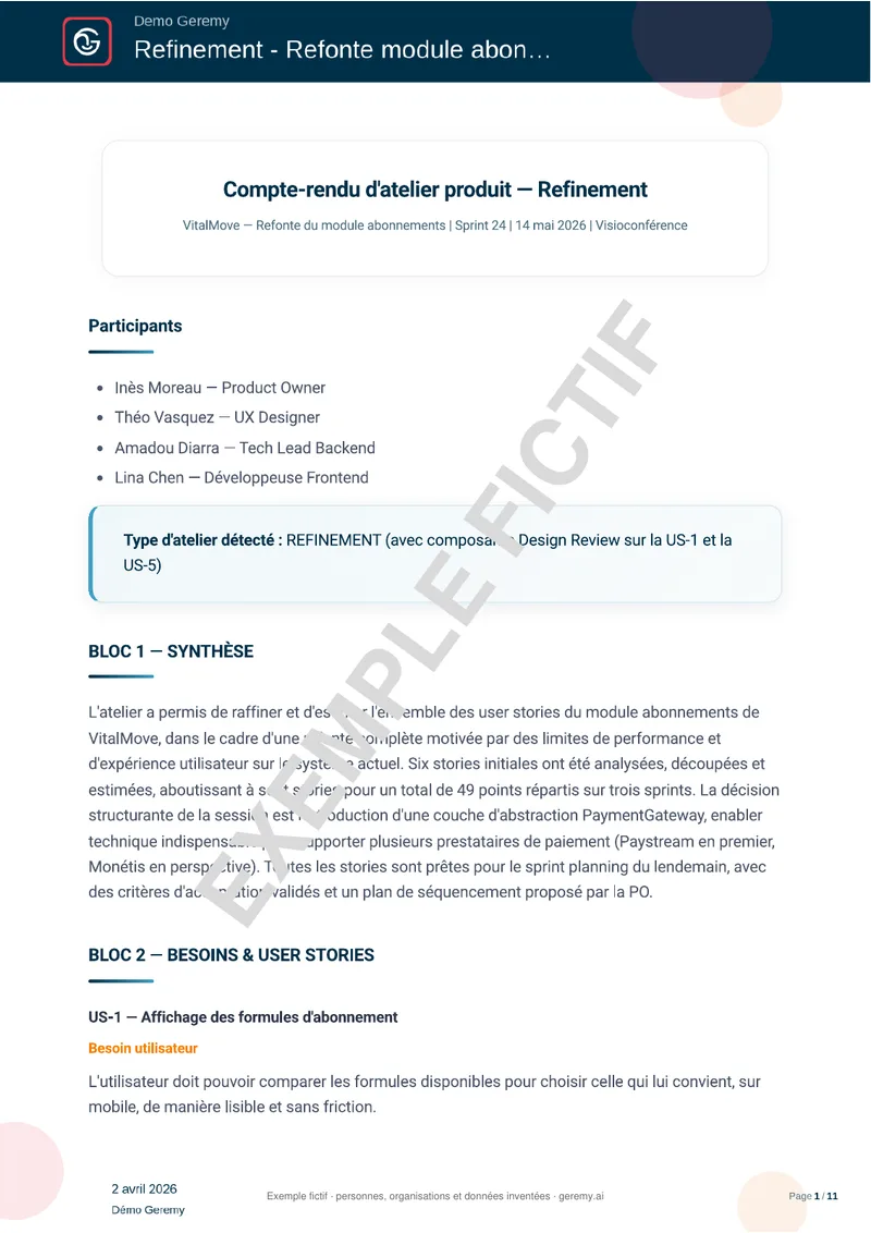 Première page du compte rendu « Atelier produit »