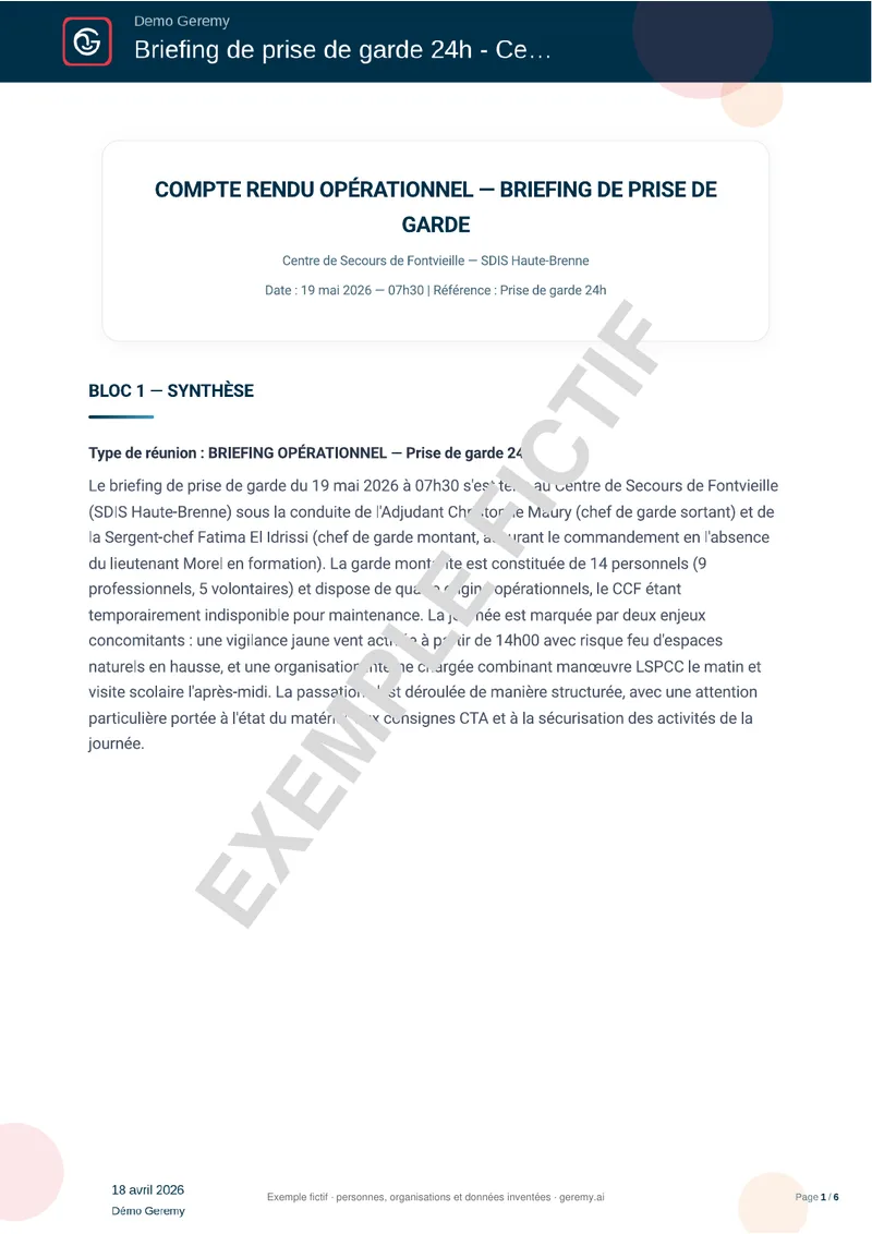 Première page du compte rendu « Briefing sécurité civile »
