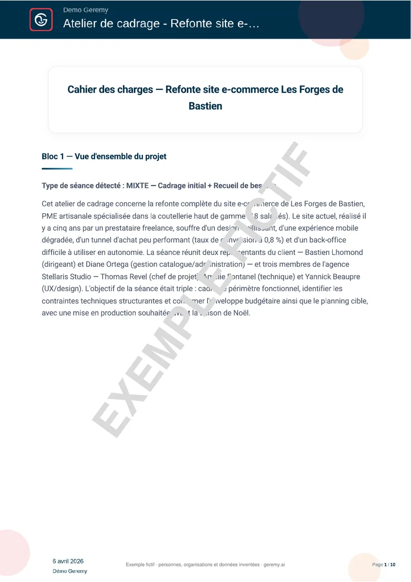 Première page du compte rendu « Cahier des charges »