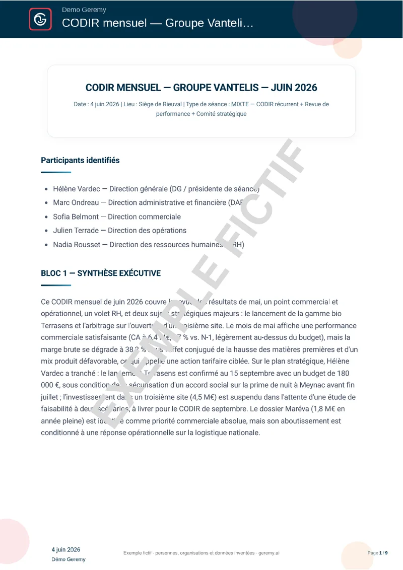Première page du compte rendu « Comité de direction »