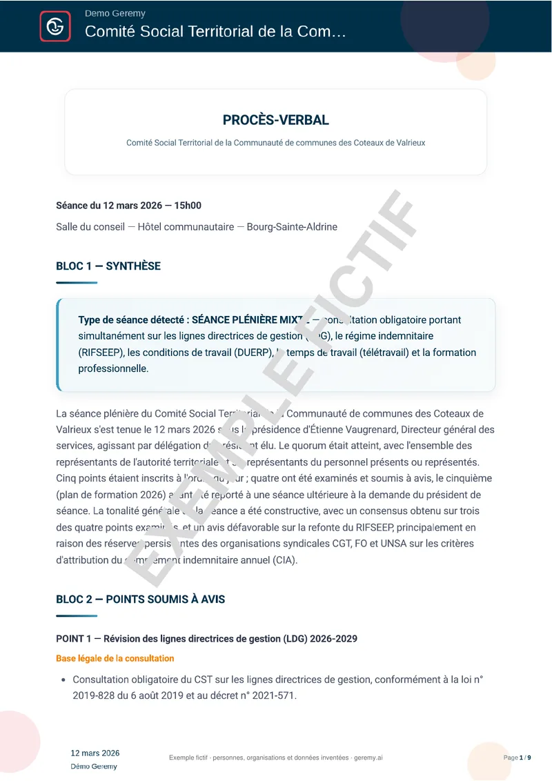 Première page du compte rendu « PV de comité social territorial »