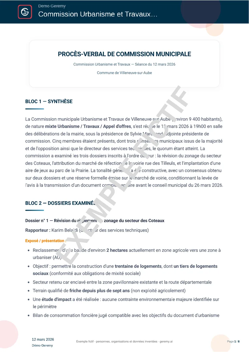 Première page du compte rendu « PV de commission municipale »