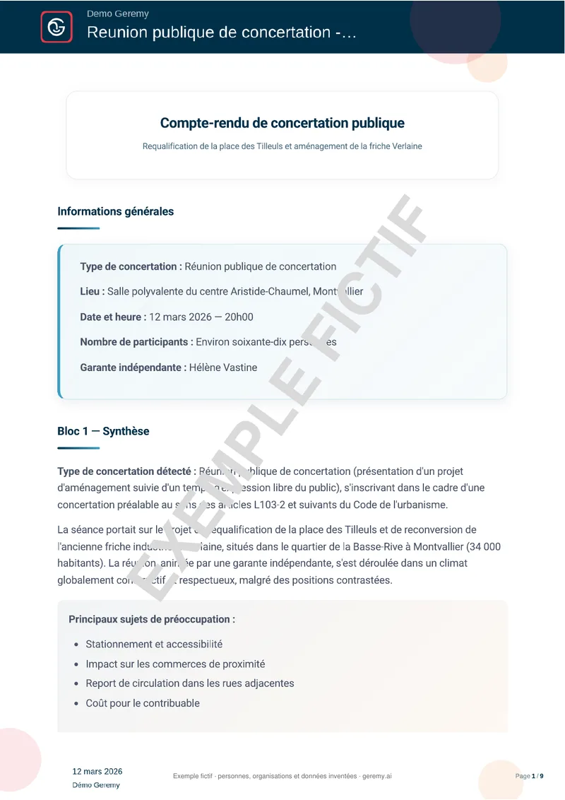 Première page du compte rendu « Concertation publique »