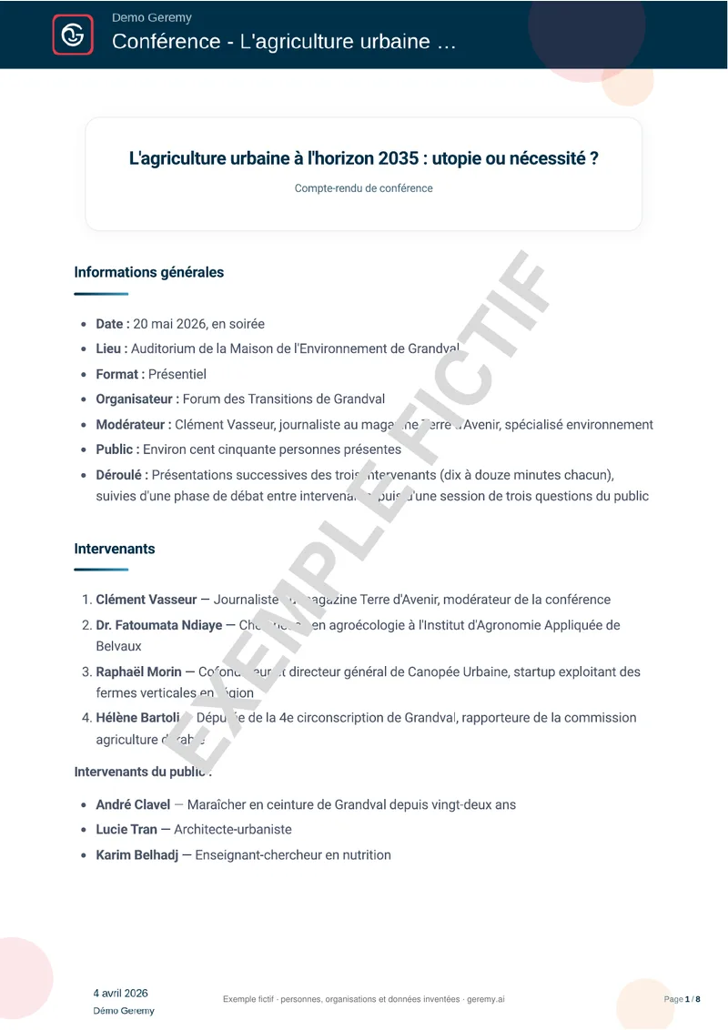 Première page du compte rendu « Conférence »