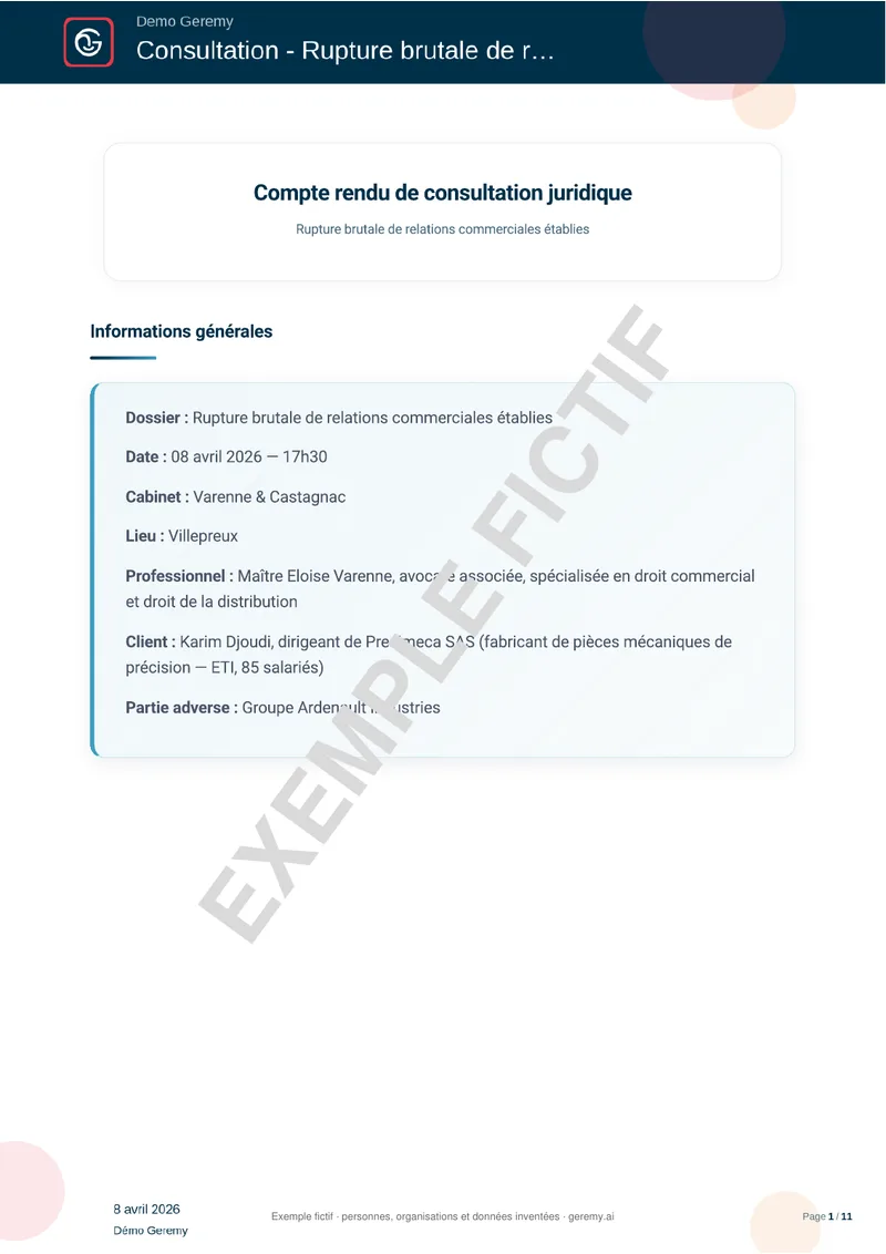 Première page du compte rendu « Consultation juridique »