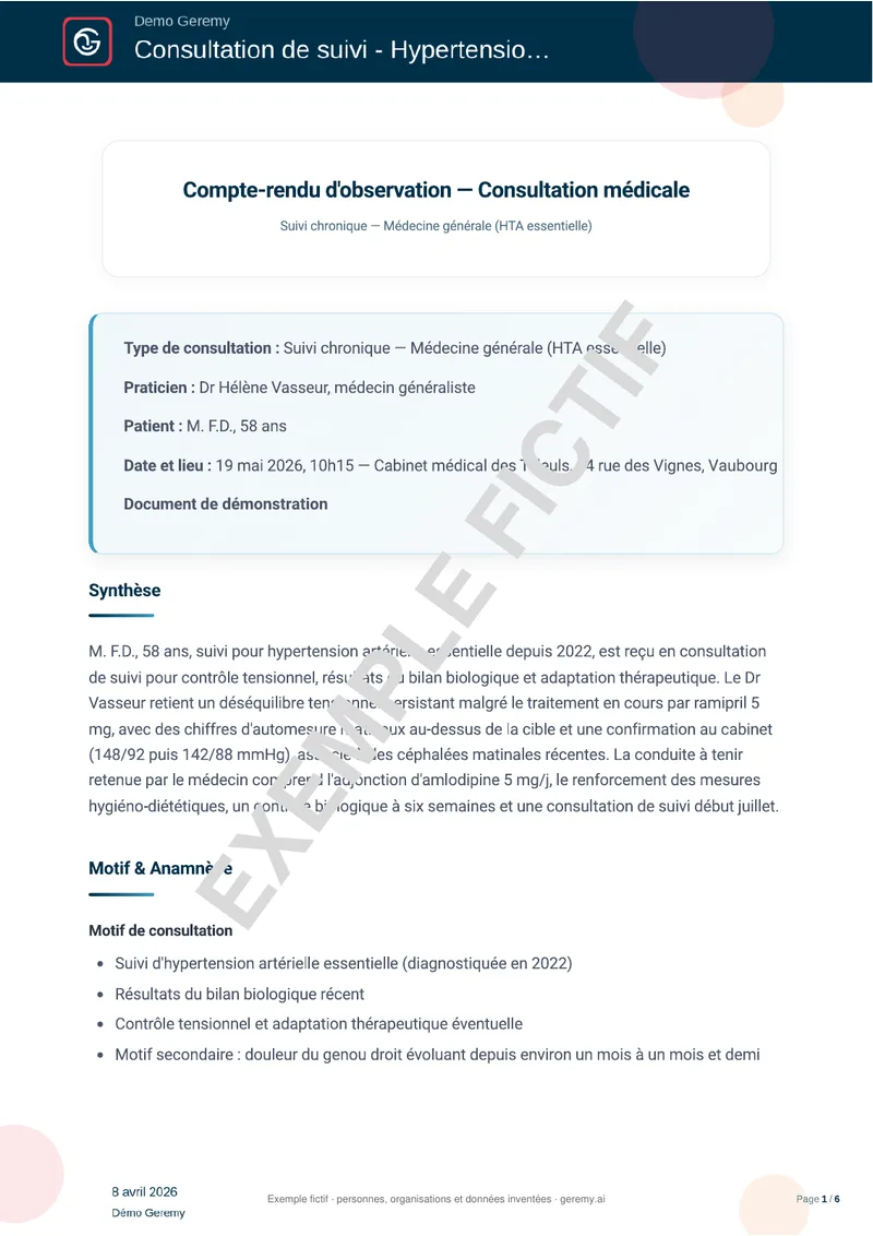 Première page du compte rendu « Consultation médicale »