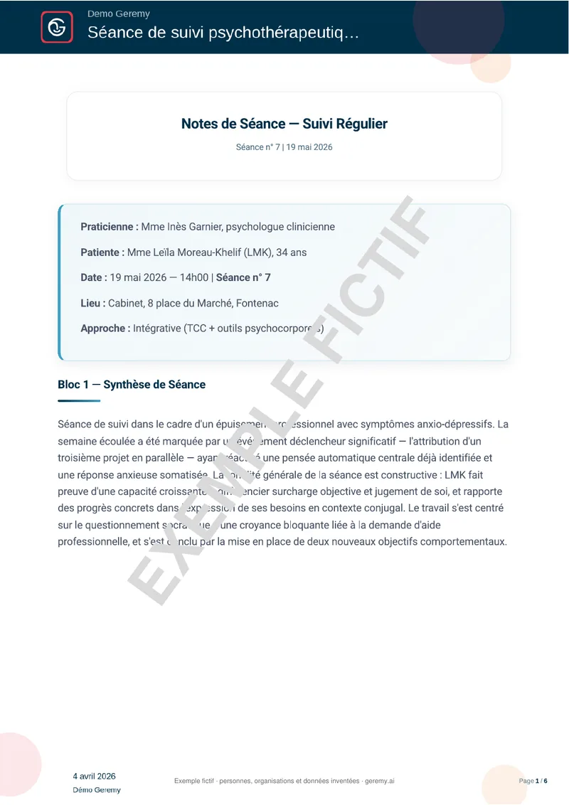 Première page du compte rendu « Consultation psychologue »