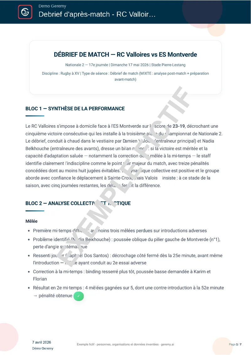 Première page du compte rendu « Debrief sportif »