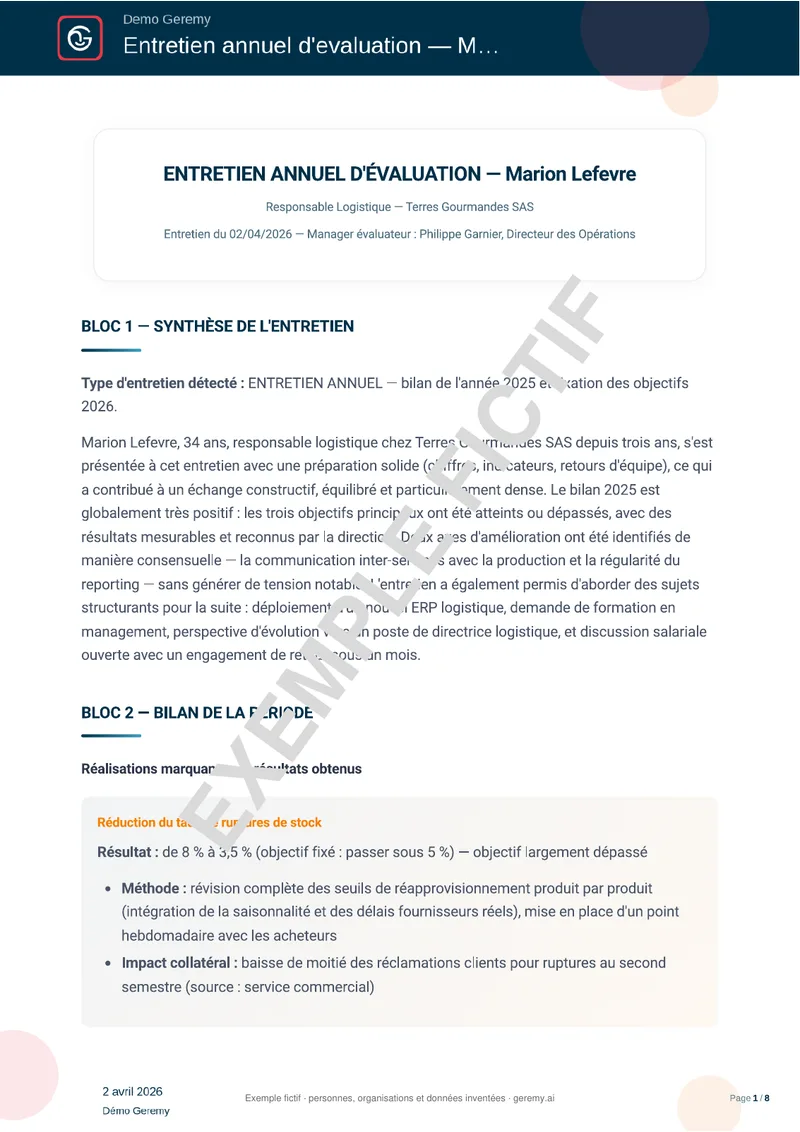 Première page du compte rendu « Entretien annuel »