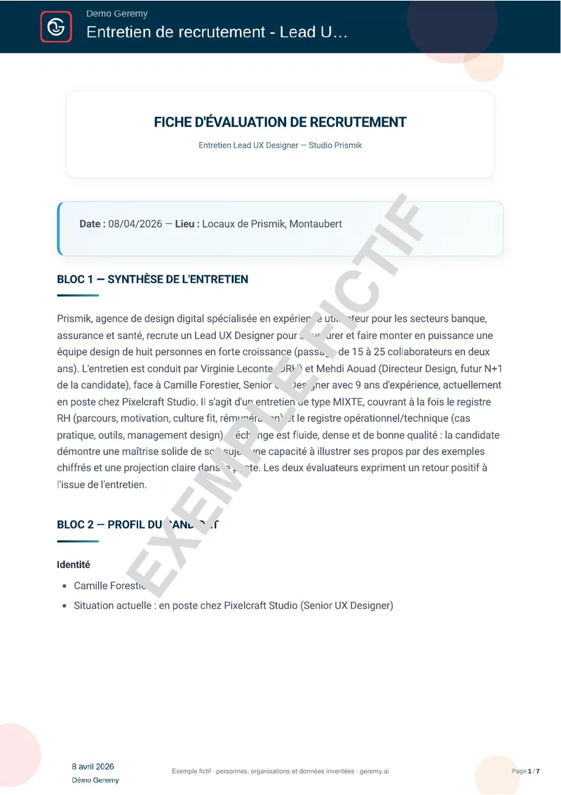 Première page du compte rendu « Entretien de recrutement »