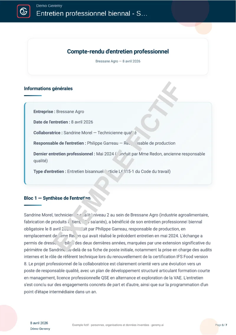 Première page du compte rendu « Entretien professionnel »