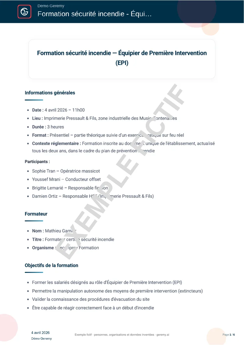 Première page du compte rendu « Formation »