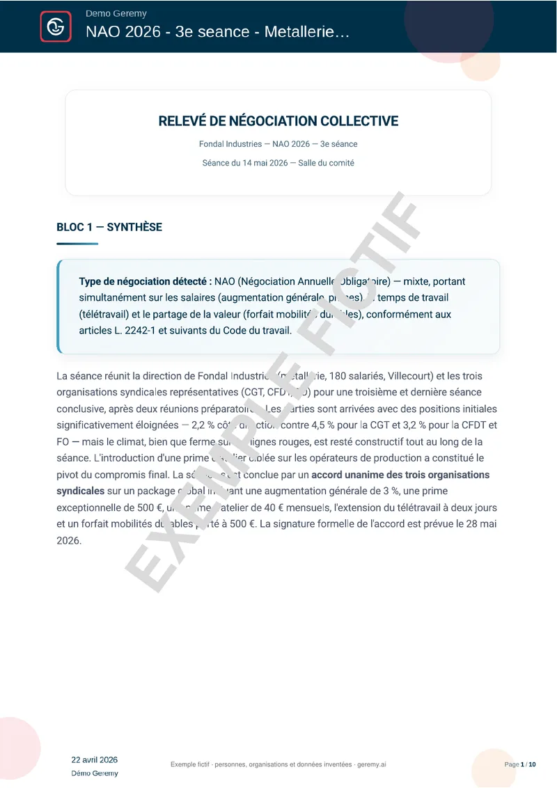 Première page du compte rendu « Négociation collective »