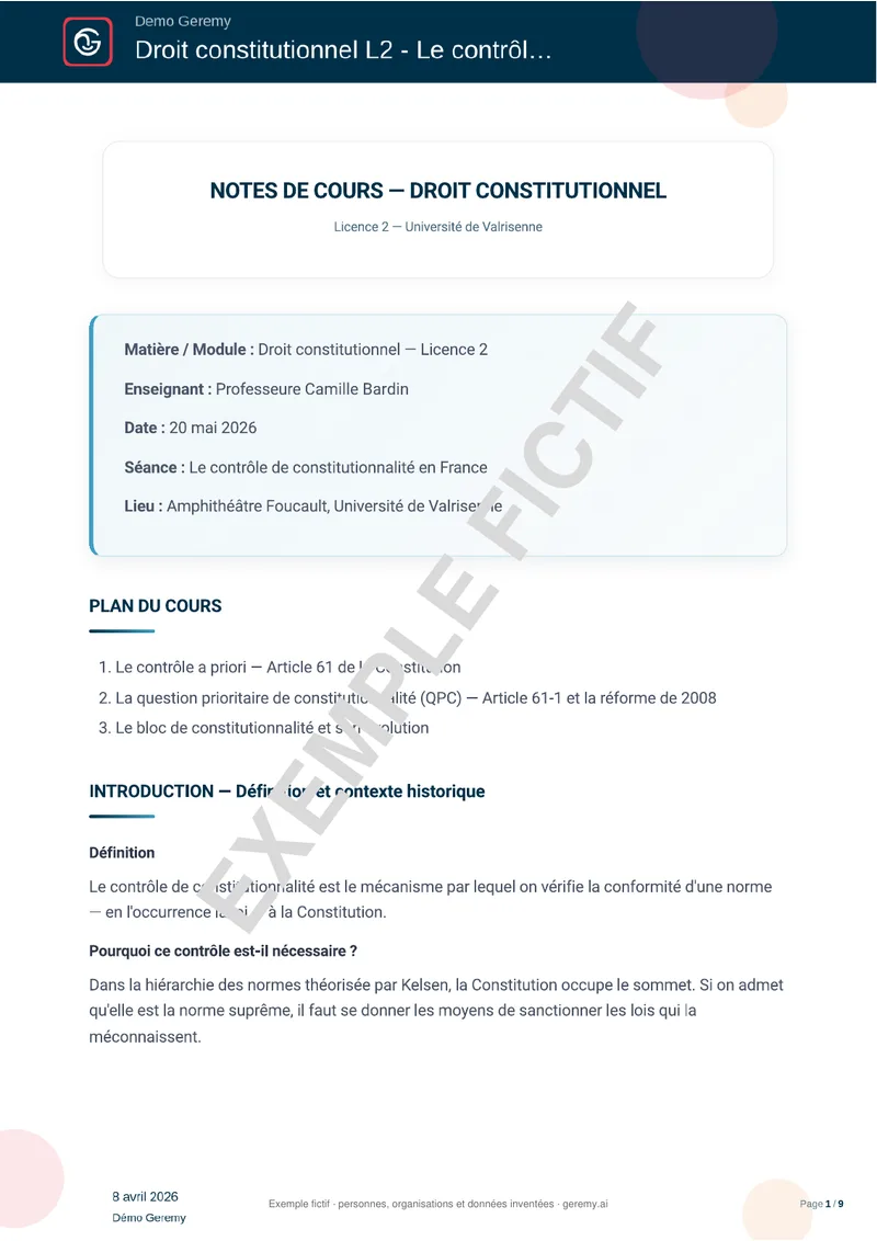 Première page du compte rendu « Notes de cours »