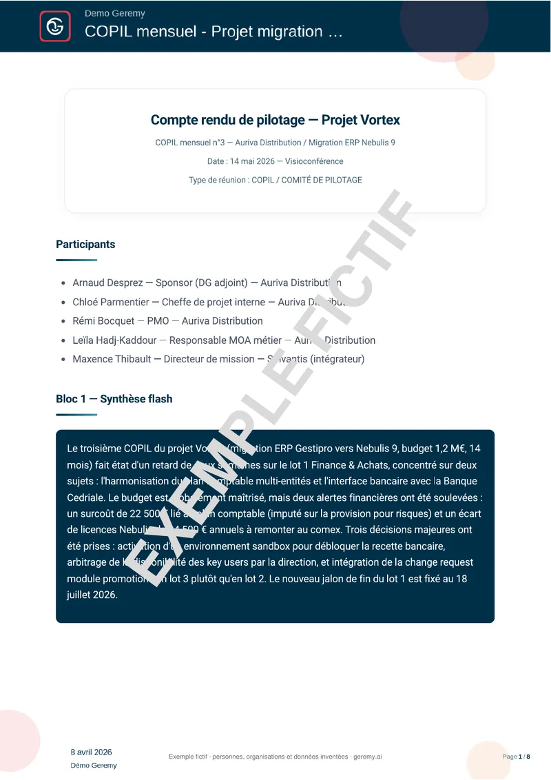 Première page du compte rendu « Pilotage de projet »