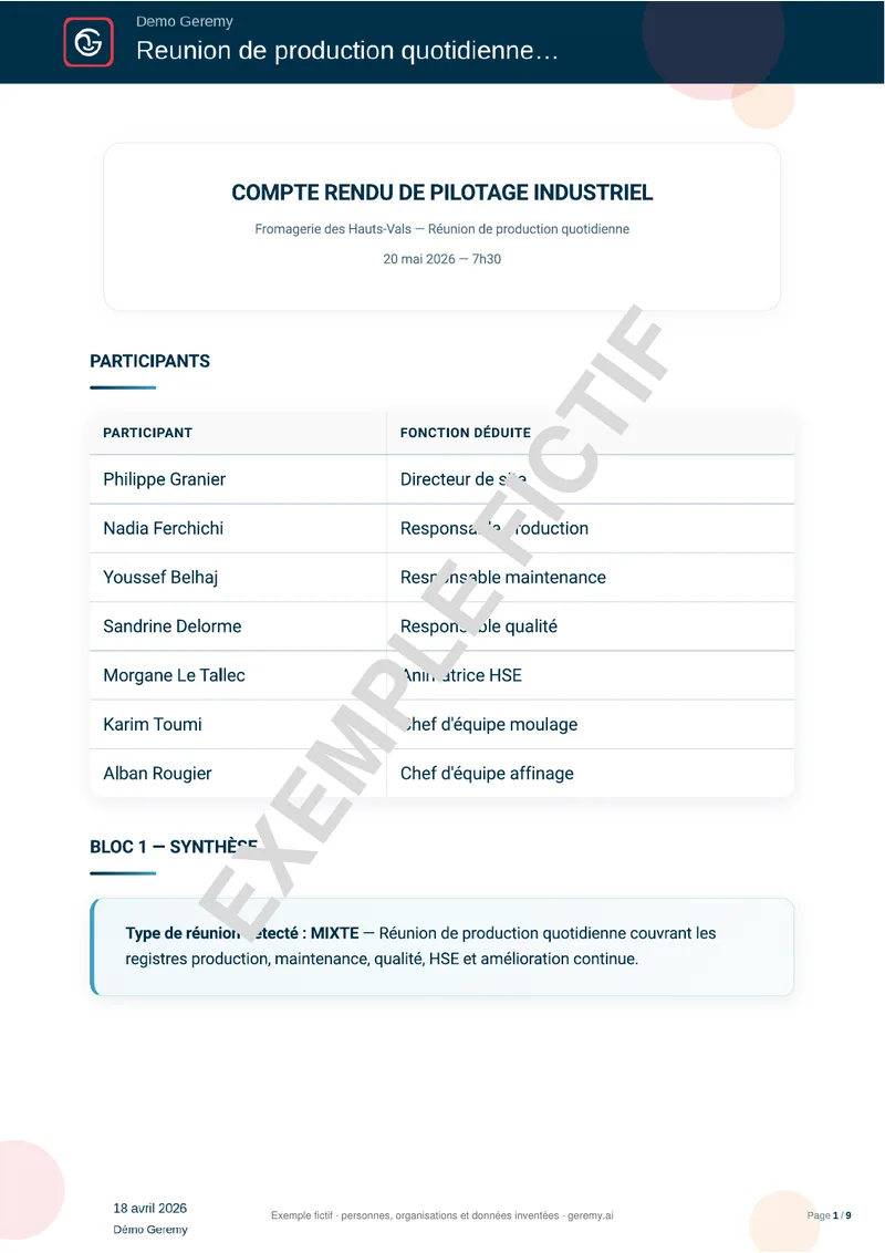 Première page du compte rendu « Pilotage industriel »
