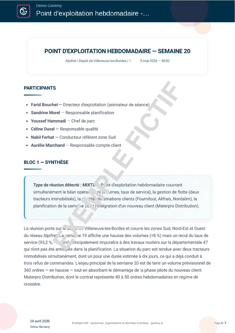 Première page du compte rendu « Pilotage logistique »