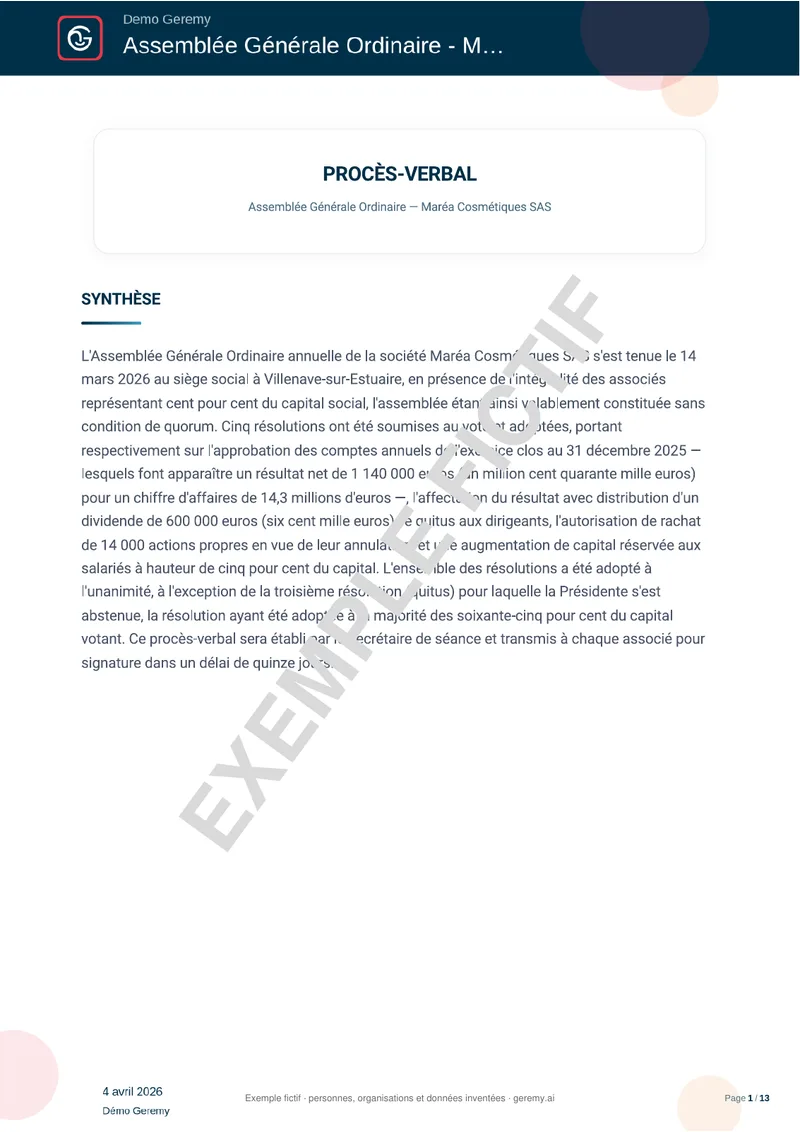Première page du compte rendu « PV d'assemblée générale »