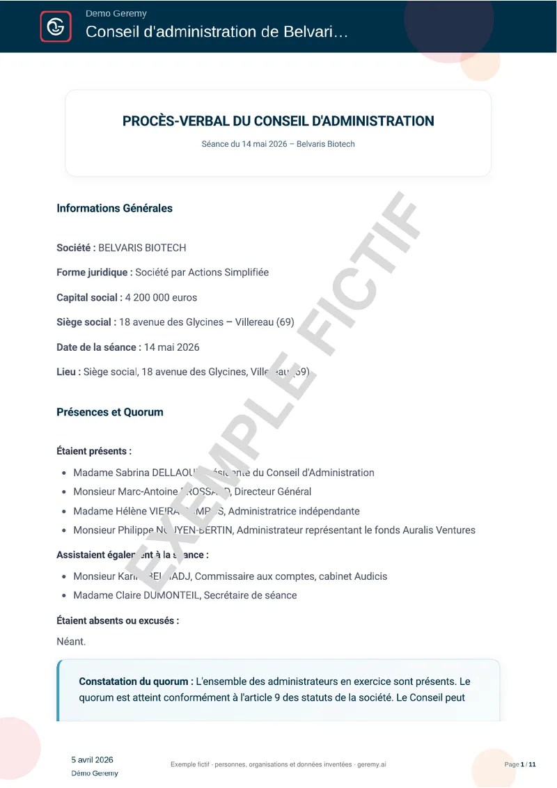 Première page du compte rendu « PV de conseil d'administration »