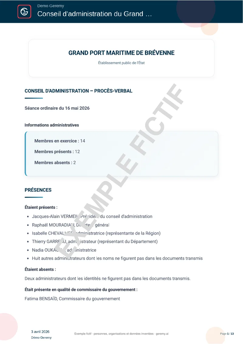 Première page du compte rendu « PV de CA d'établissement public »