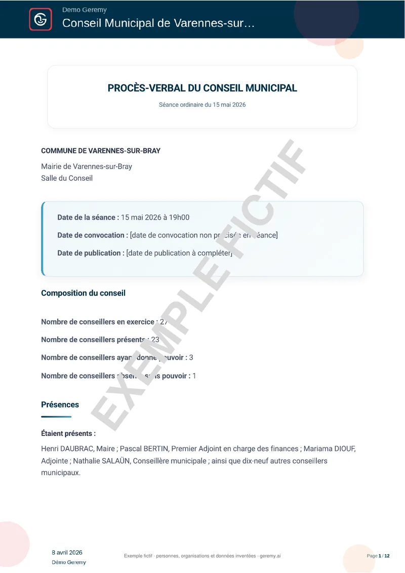 Première page du compte rendu « PV de conseil municipal »