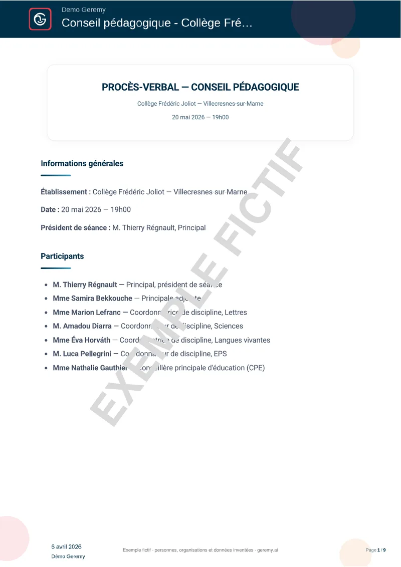 Première page du compte rendu « PV de conseil pédagogique »