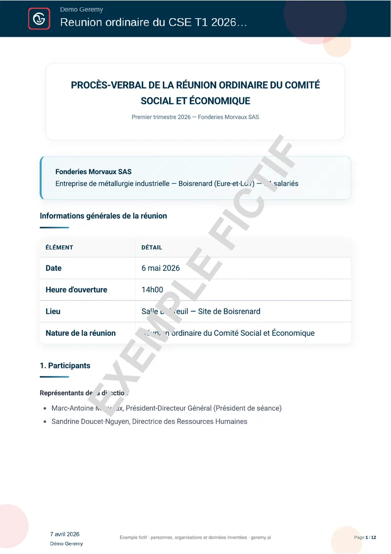 Première page du compte rendu « PV de CSE »