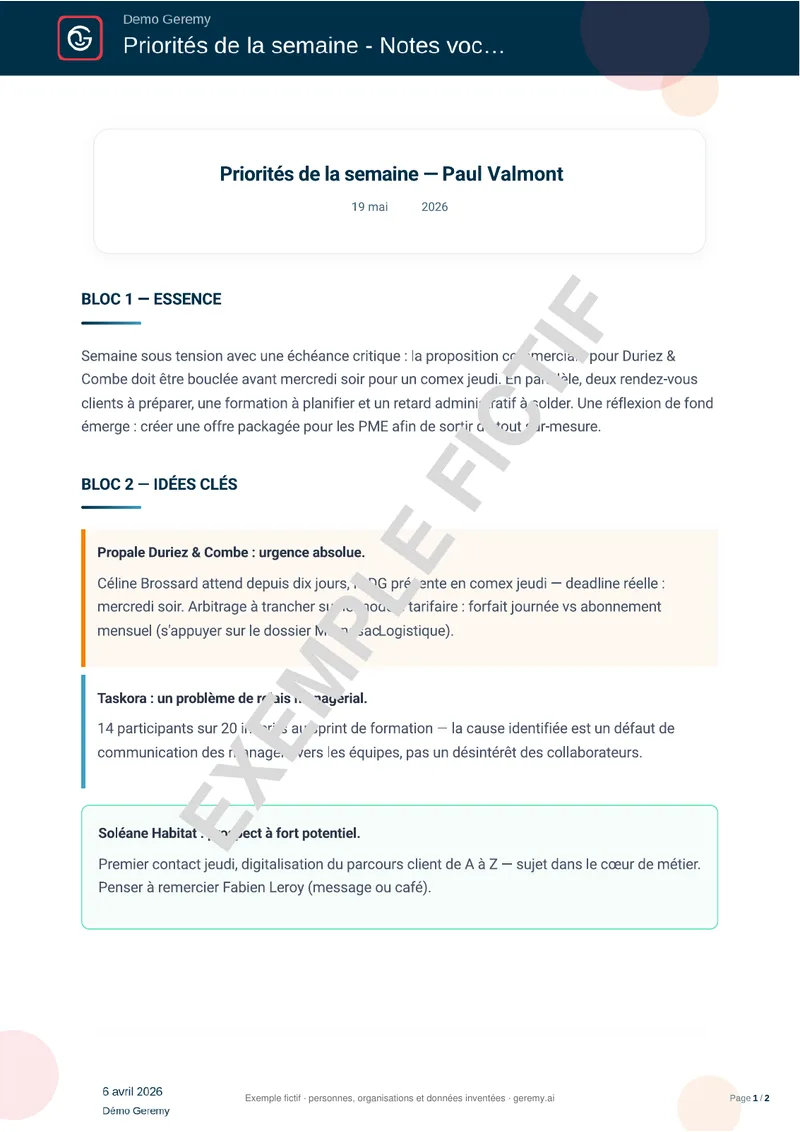 Première page du compte rendu « Réflexion · Essentiel »