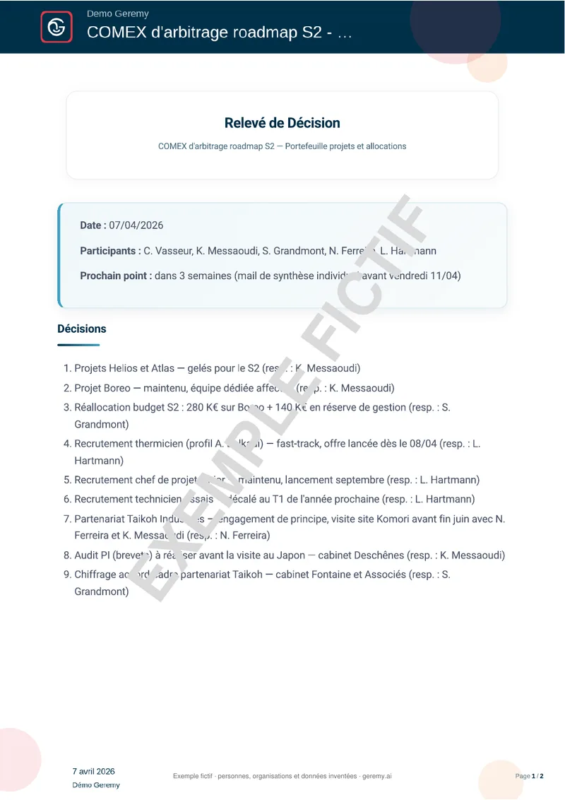 Première page du compte rendu « Relevé de décision »