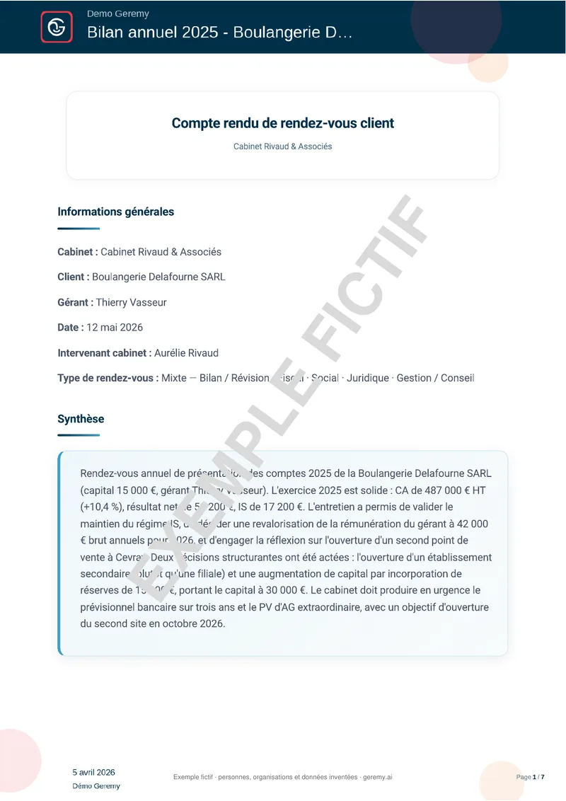 Première page du compte rendu « Rendez-vous client cabinet »