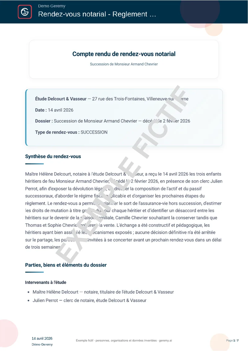 Première page du compte rendu « Rendez-vous notarial »