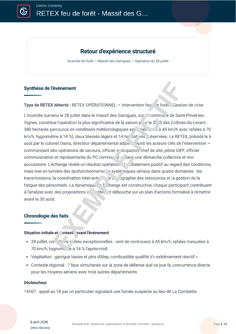 Première page du compte rendu « Retour d'expérience »