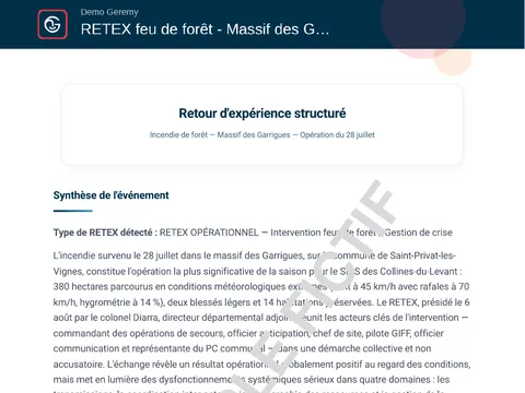 Aperçu du compte rendu « Retour d'expérience »