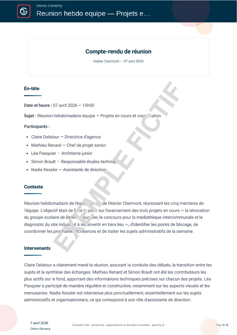 Première page du compte rendu « Réunion »