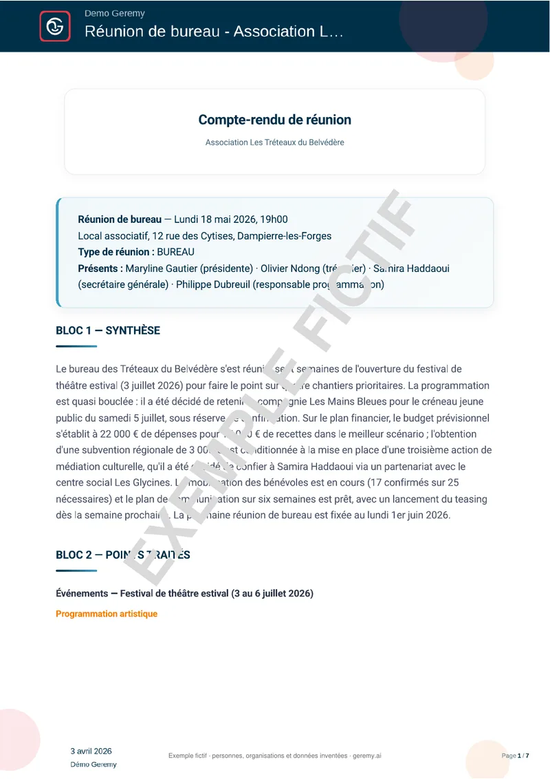 Première page du compte rendu « Réunion associative »