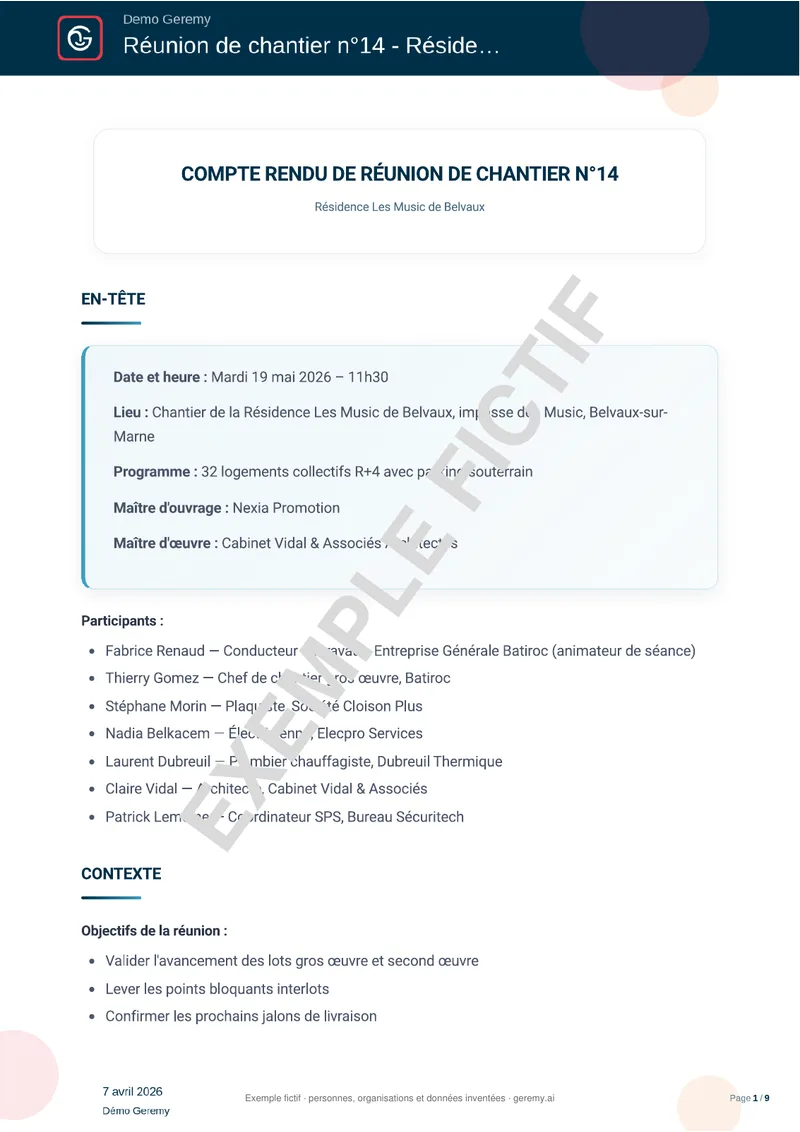 Première page du compte rendu « Réunion de chantier »