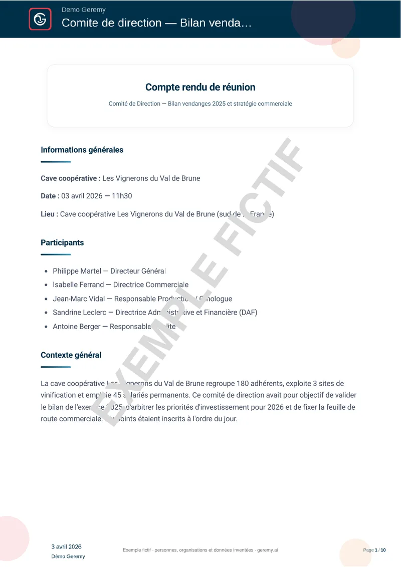 Première page du compte rendu « Réunion détaillée »