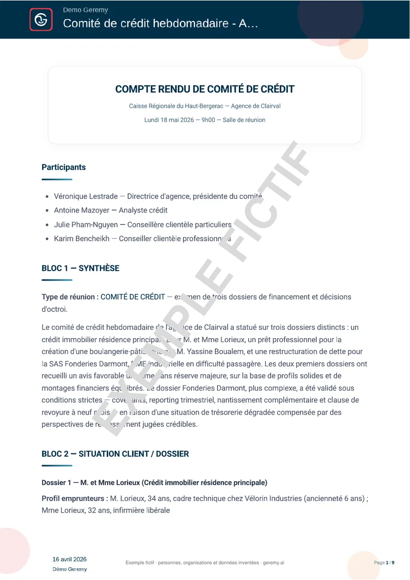 Première page du compte rendu « Réunion financière »