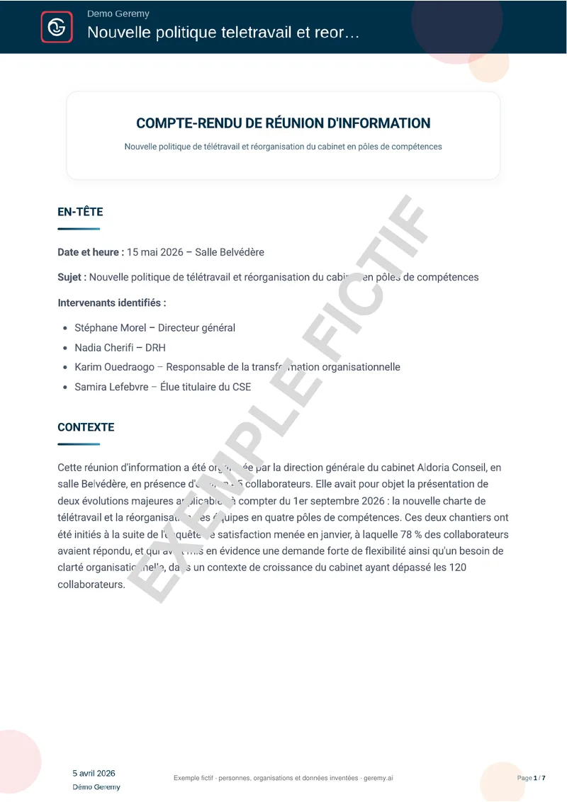 Première page du compte rendu « Réunion d'information »