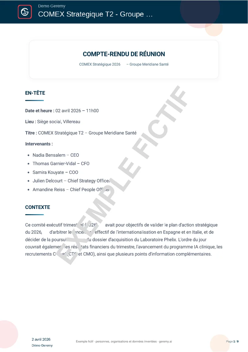 Première page du compte rendu « Réunion Premium »