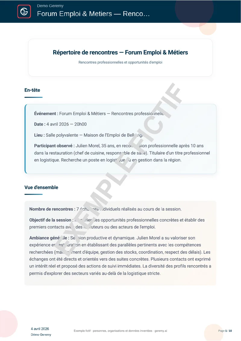 Première page du compte rendu « Speed Meeting »