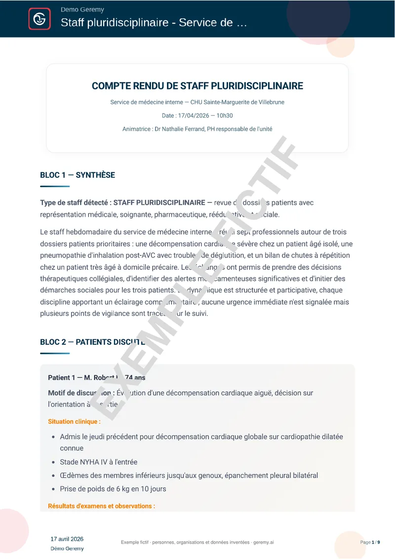 Première page du compte rendu « Staff médical »