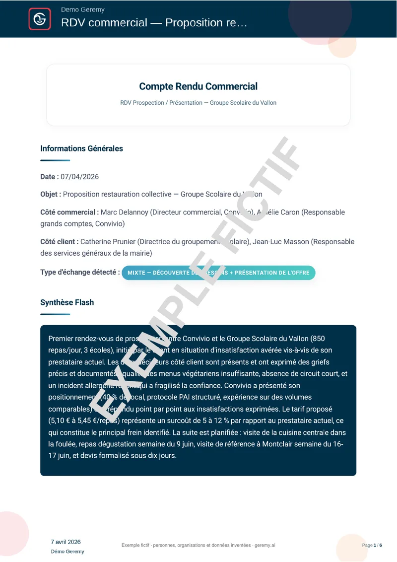 Première page du compte rendu « Suivi commercial »