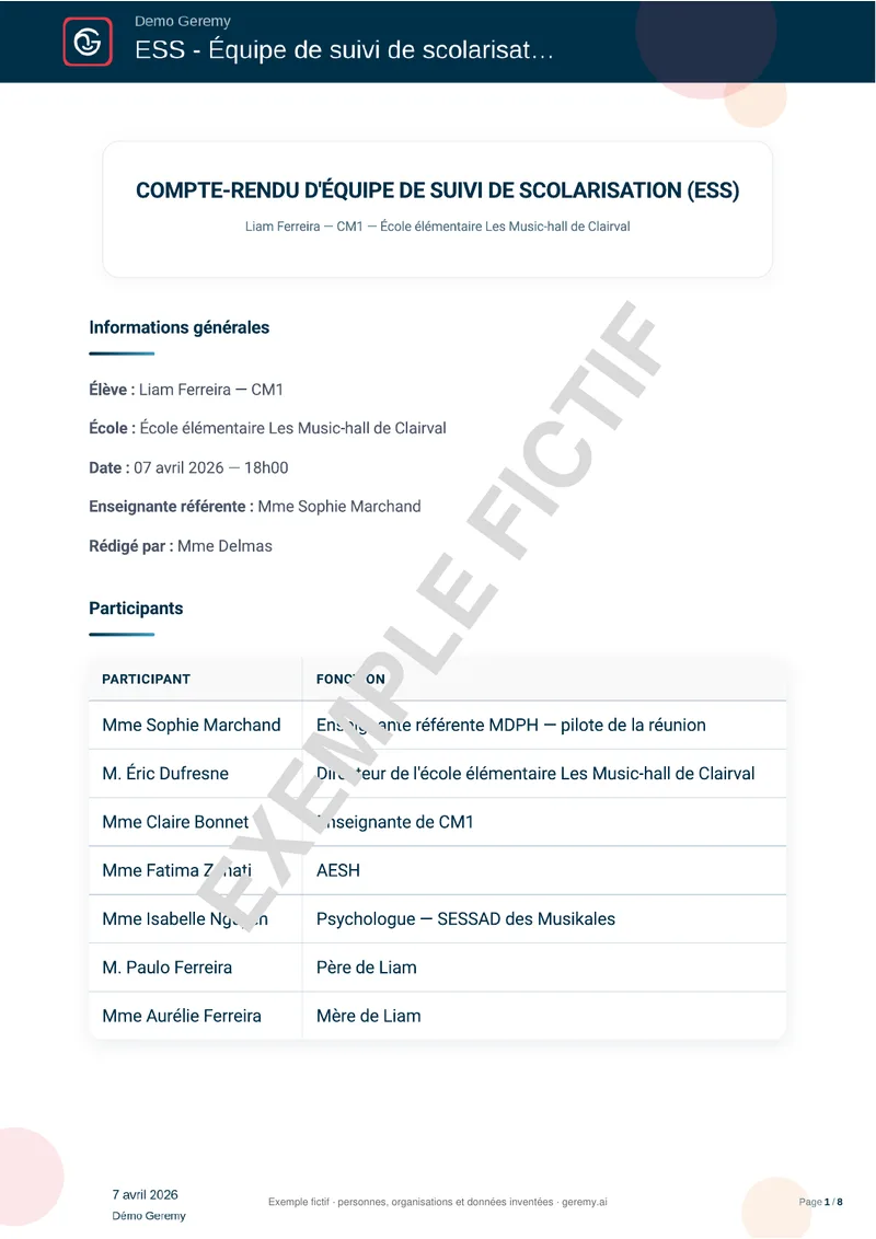 Première page du compte rendu « Suivi de scolarisation »