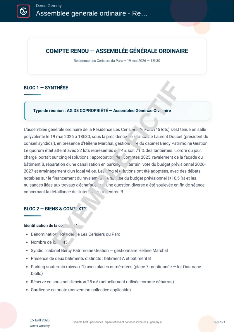 Première page du compte rendu « Suivi immobilier »