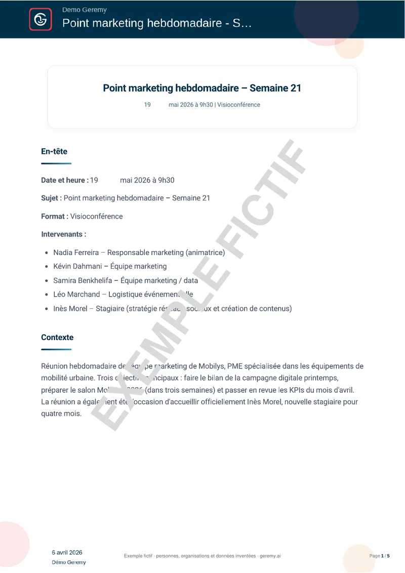Première page du compte rendu « Synthèse »