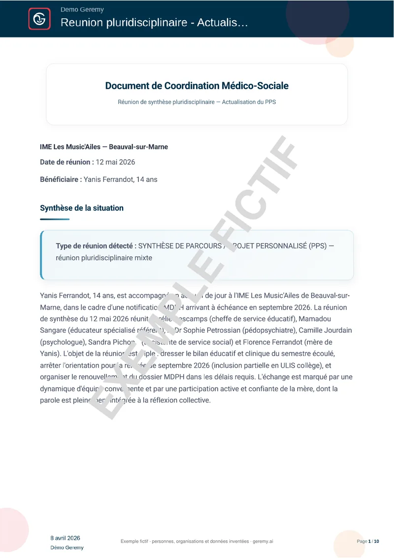 Première page du compte rendu « Synthèse médico-sociale »