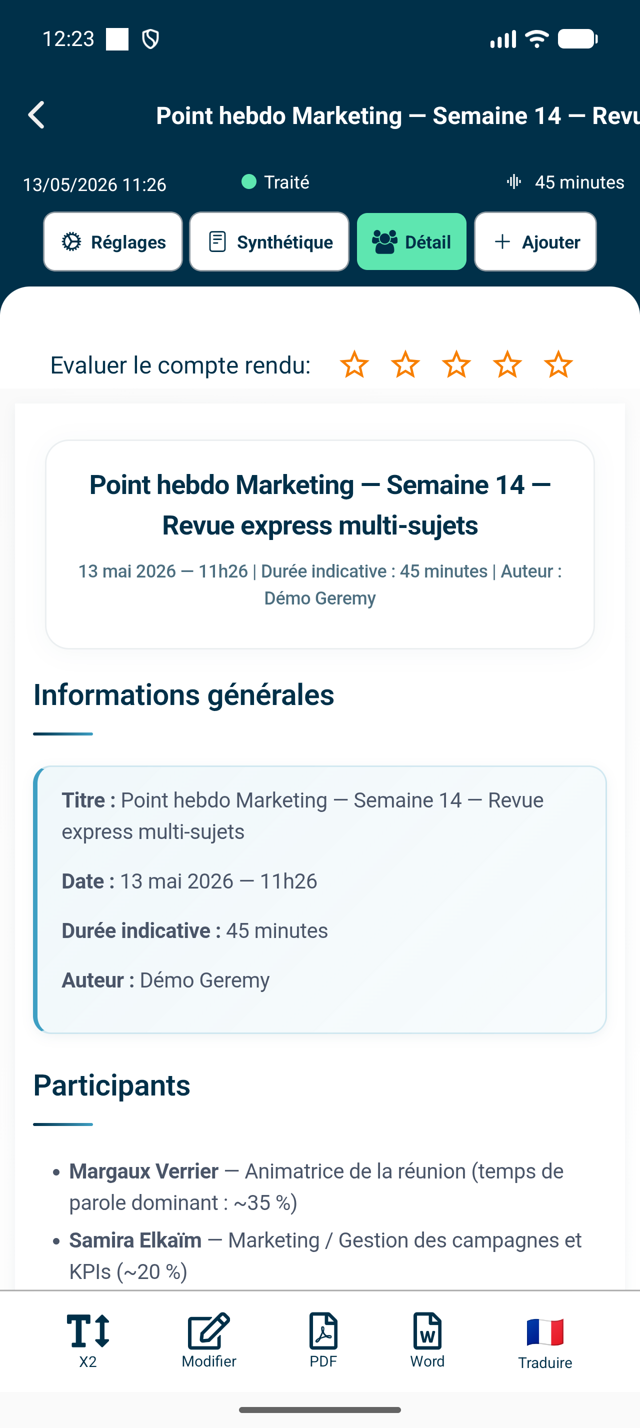 Aperçu de l’application Geremy